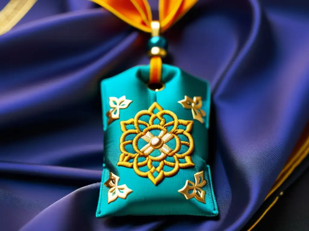 Un omamori japonés, bordado con hilo dorado y decorado con símbolos shinto coloridos, envuelto en seda