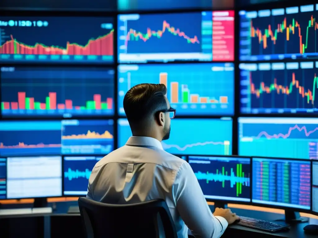 Un operador del mercado de valores analiza datos financieros en una sala de operaciones moderna y activa