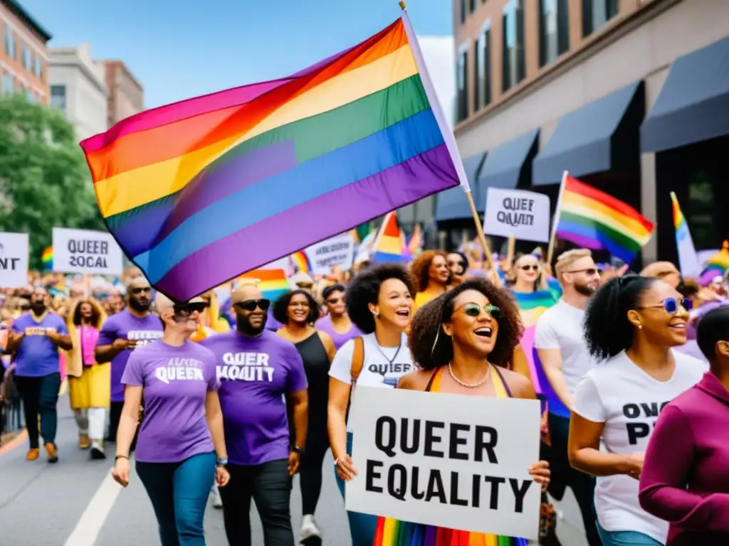 Manifestación en orgullo LGBTQ+ por la filosofía queer y derechos legales, con activistas y banderas arcoíris marchando en la ciudad