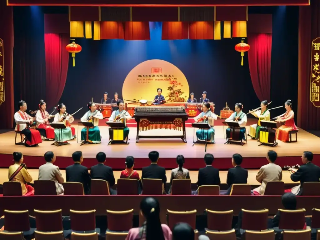 Una orquesta tradicional china actúa en un escenario, con músicos vestidos con atuendos tradicionales coloridos