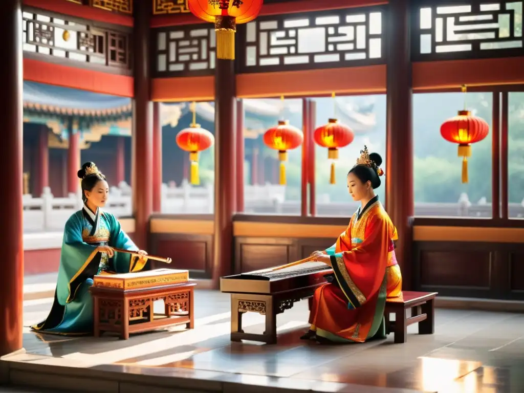 Una orquesta tradicional china interpreta música en un hermoso templo confuciano