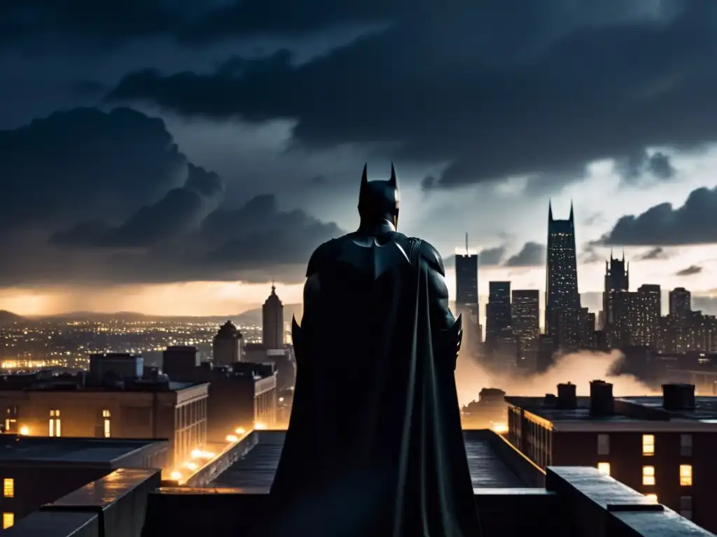 Batman, en la oscuridad de la noche, observa la ciudad, reflejando la relación entre poder y moralidad