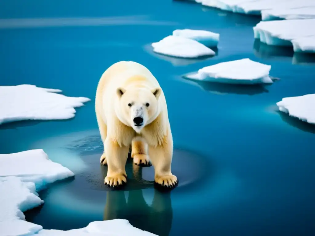 Oso polar preocupado en témpano de hielo derretido, expresando vulnerabilidad y urgencia climática