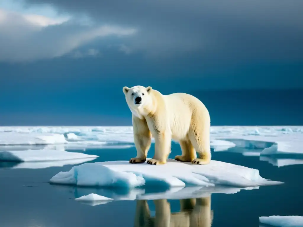Un oso polar solitario enfrenta el derretimiento del hielo, simbolizando el desafío filosófico al cambio climático