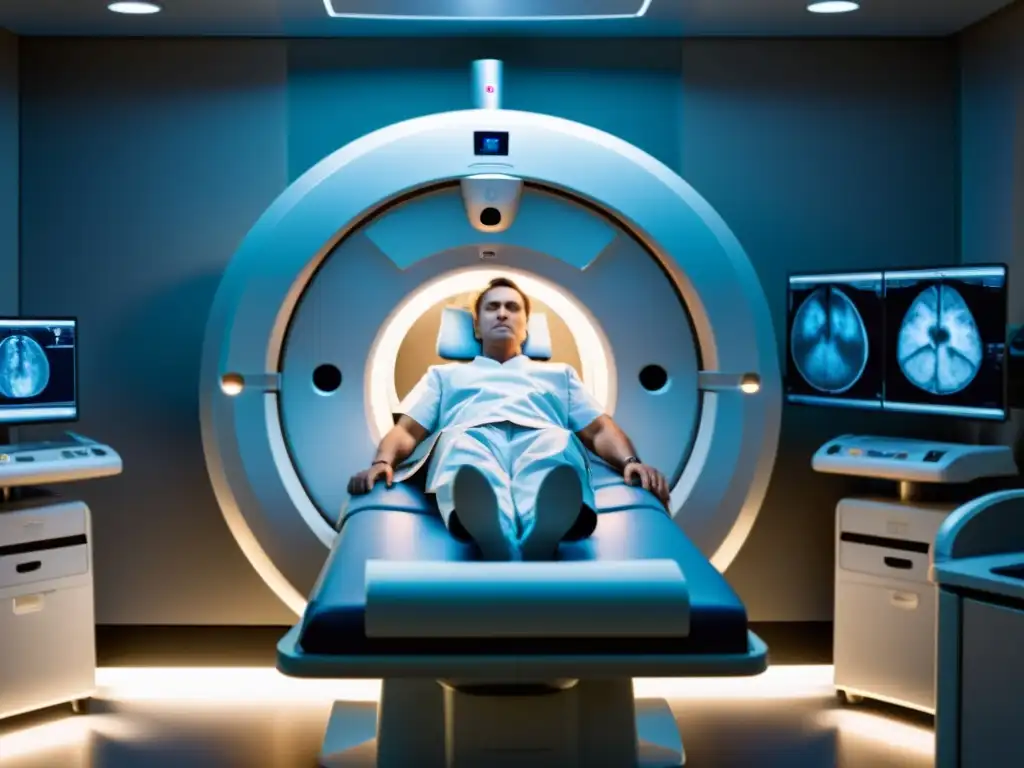 Paciente en resonancia magnética, rodeado de equipo médico en sala tranquila
