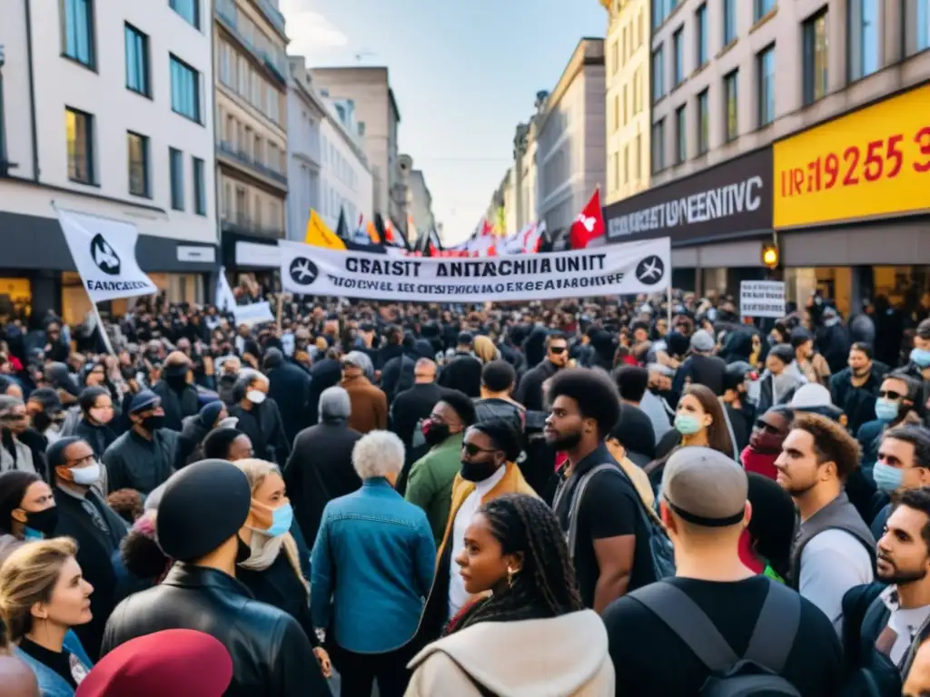 Manifestación pacífica en la ciudad mostrando la diversidad y determinación del movimiento de Anarquismo filosófico corrientes actuales