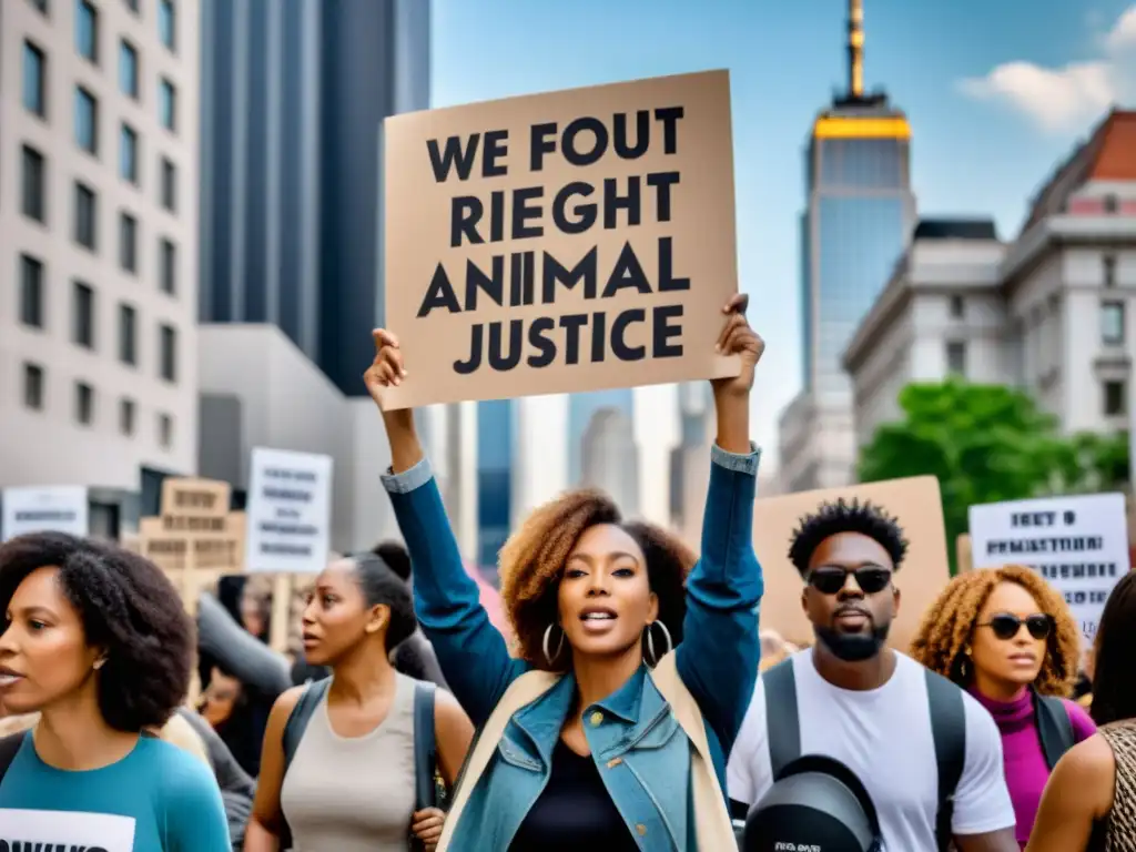 Manifestación pacífica en la ciudad por la ética de la justicia hacia animales, con mensajes poderosos a favor de los derechos animales