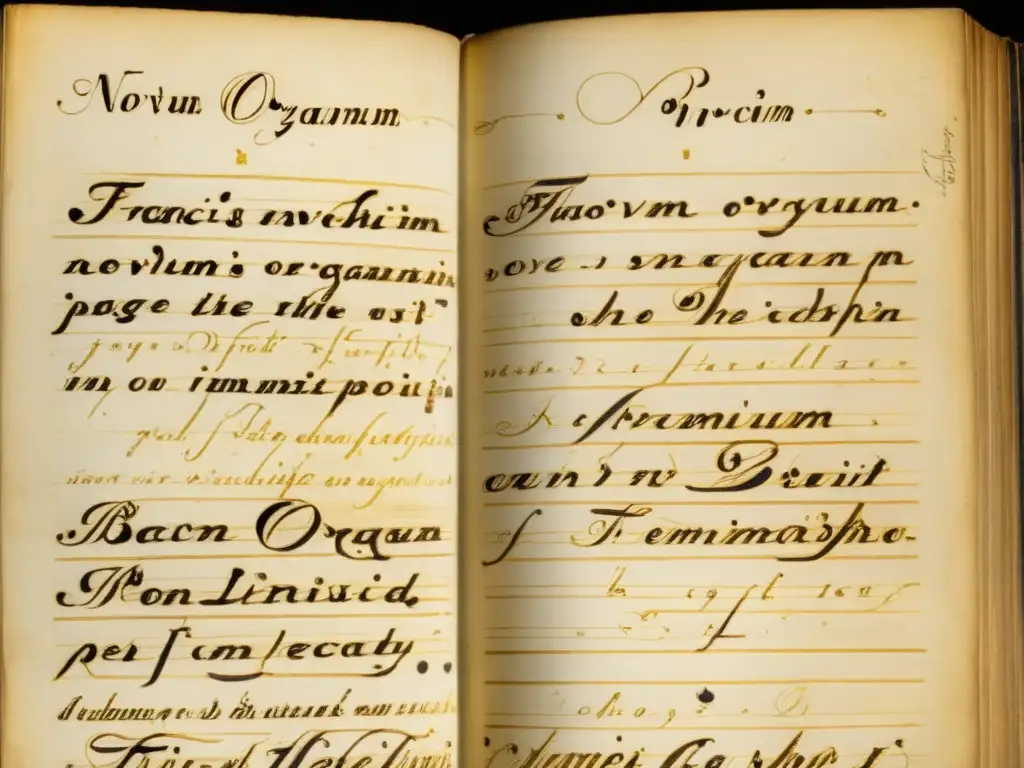 Una página manuscrita detallada de 'Novum Organum' de Francis Bacon, resaltando su método científico
