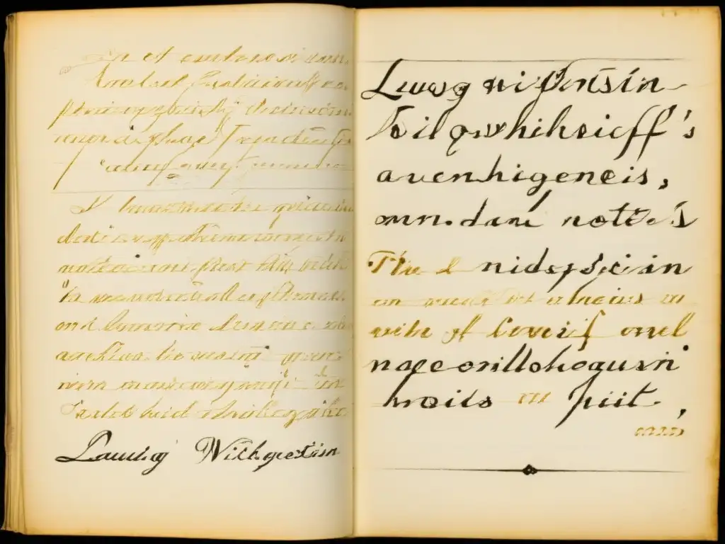 Una página manuscrita de las notas filosóficas de Ludwig Wittgenstein en alemán, con su distintiva caligrafía e intrincadas anotaciones en tinta