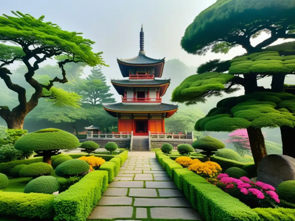 Una pagoda de piedra antigua rodeada de exuberantes árboles verdes y flores coloridas, con una suave niebla en el aire