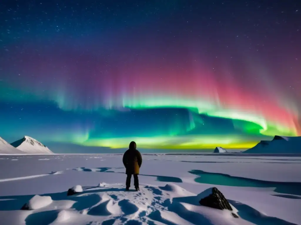 Un paisaje ártico durante la noche polar, con una figura inuit contemplando la aurora boreal