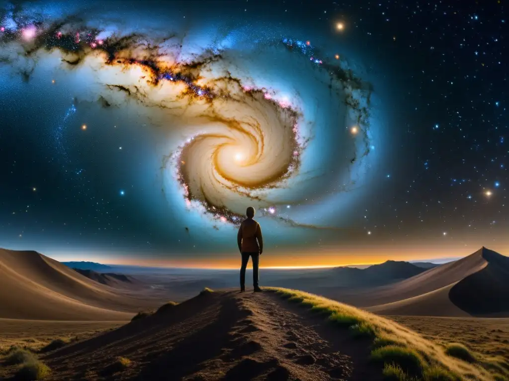 Figura en paisaje cósmico, evoca las implicaciones filosóficas de la relatividad general