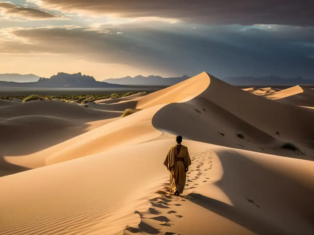 Un paisaje desértico de belleza atemporal, con un solo individuo en túnicas contemplando la naturaleza