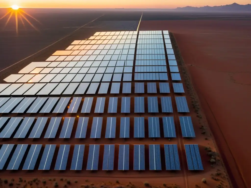 Un paisaje desértico con paneles solares que forman un diseño geométrico impresionante, iluminado por el sol poniente