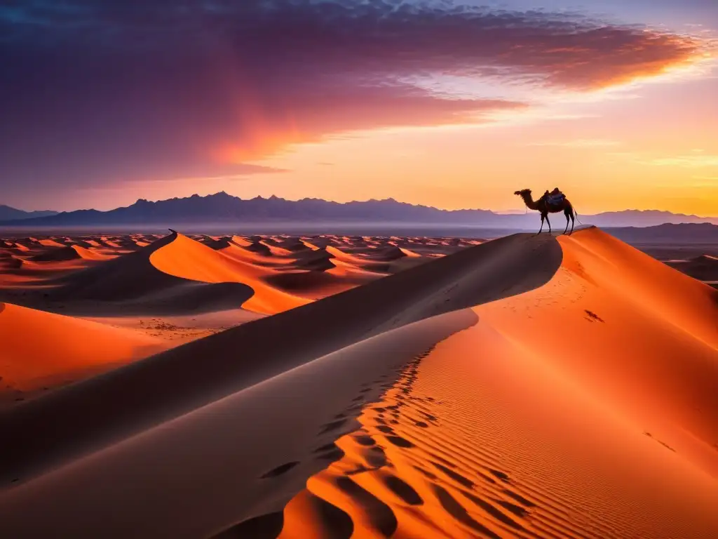 Un paisaje desértico tranquilo al atardecer con dunas de arena y un camello, reflejando los principios de ecología sufi y la armonía con la naturaleza