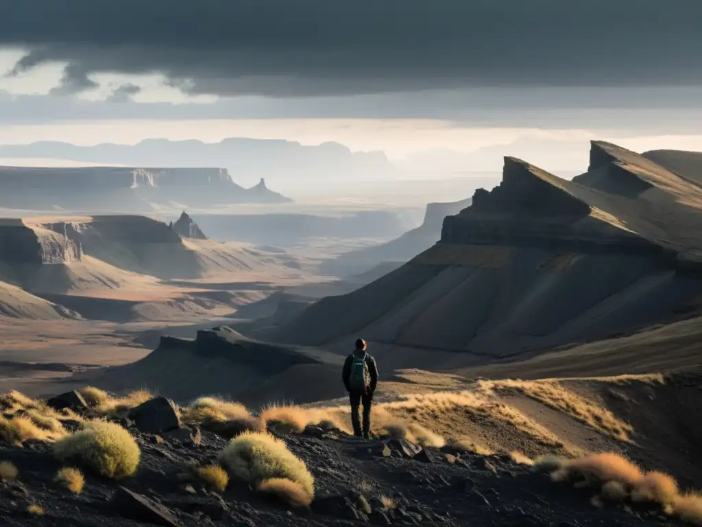 Un paisaje desolado y árido se extiende bajo un cielo gris plomizo, marcado por acantilados escarpados y vegetación escasa