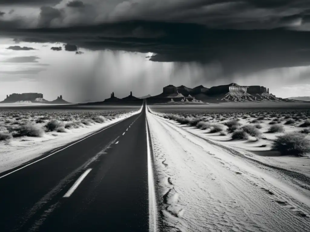 Un paisaje desolado en blanco y negro, con una carretera solitaria que se pierde en la distancia