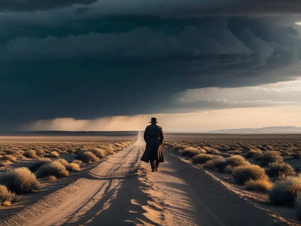 Un paisaje desolado con una figura solitaria caminando en busca de significado, reflejando el nihilismo en No Country for Old Men