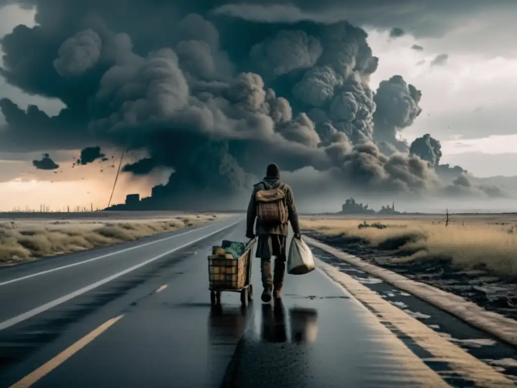 En un paisaje desolado y postapocalíptico, una figura solitaria arrastra un carrito cargado de suministros escasos