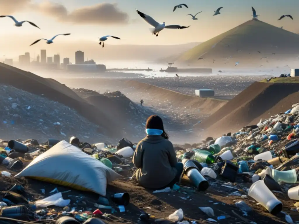 Un paisaje desolador de basura acumulada, con una figura solitaria entre escombros, ilustra las críticas filosóficas al consumismo