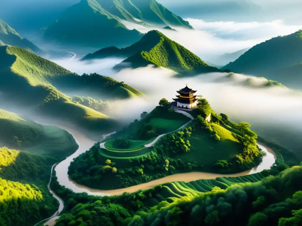 Un paisaje montañoso cubierto de niebla en China, con senderos serpenteantes entre exuberante vegetación y antiguos templos
