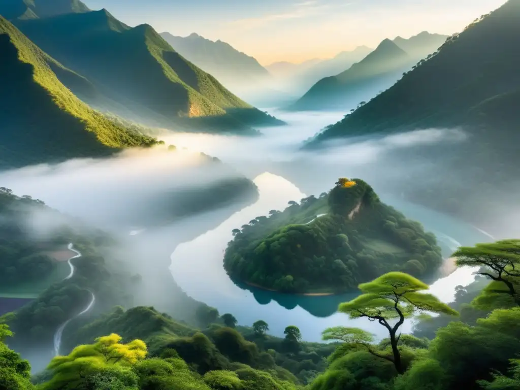 Un paisaje montañoso cubierto de niebla con un río serpenteante, reflejando los principios del Taoísmo y la armonía natural