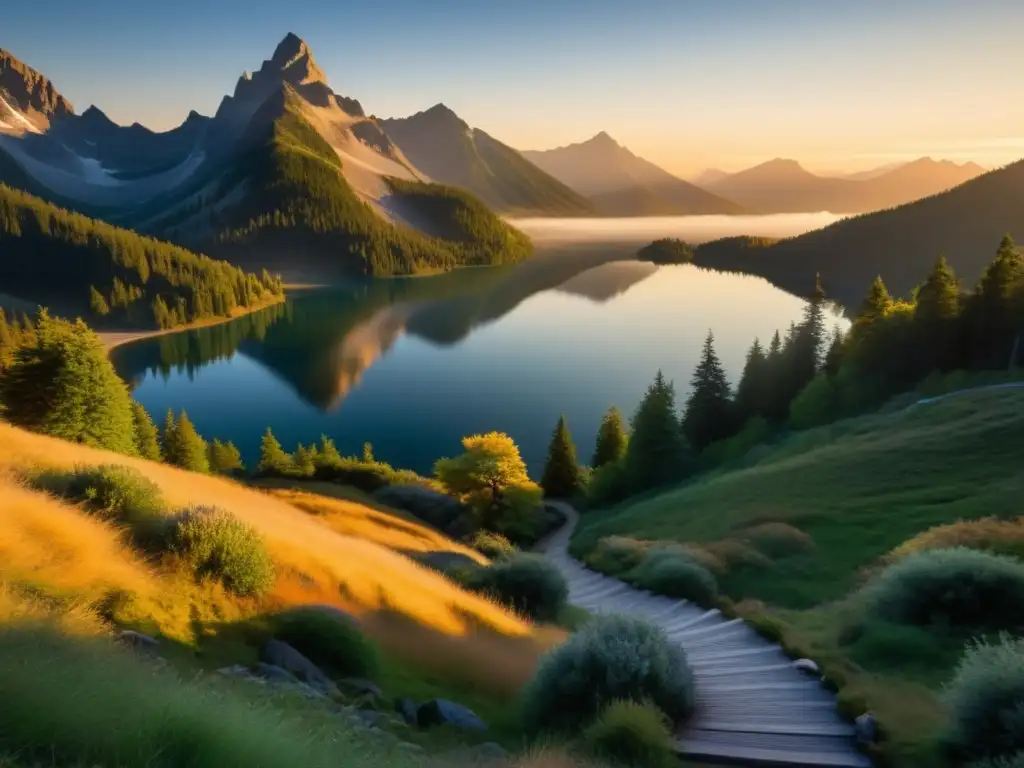 Un paisaje montañoso cubierto de niebla al amanecer, con un camino que lleva a un lago tranquilo entre picos