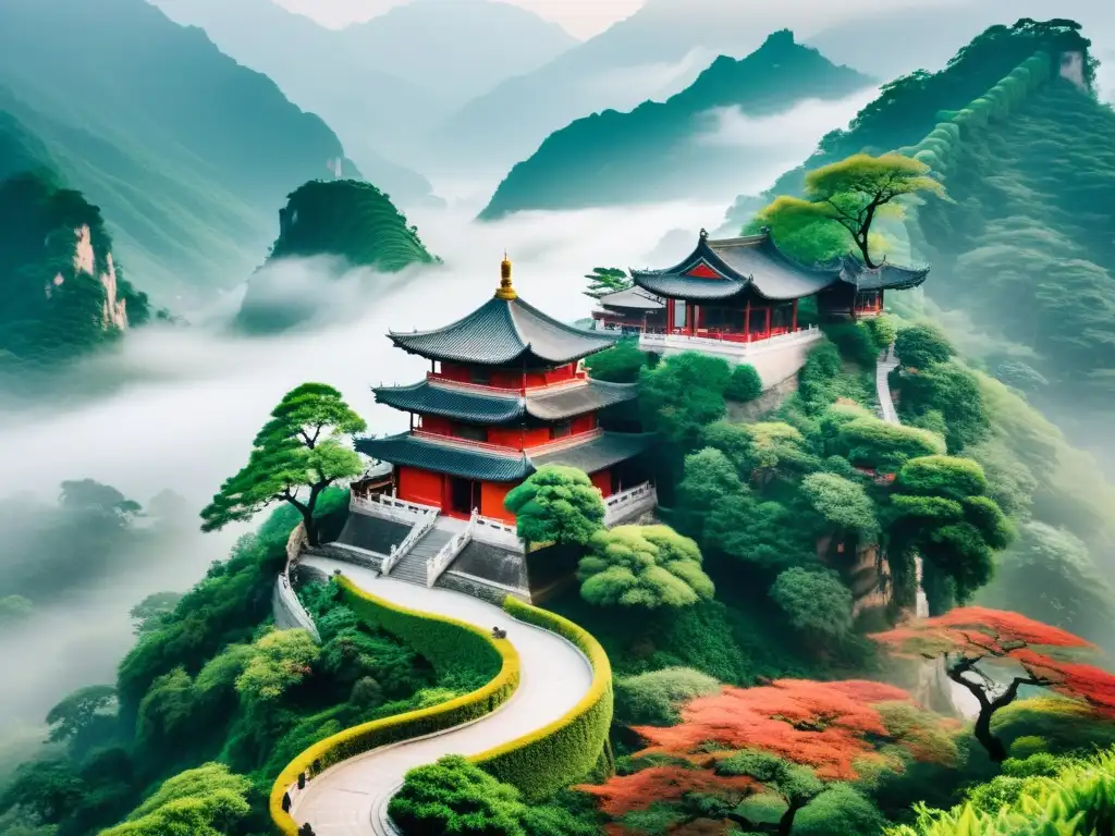 Un paisaje montañoso y neblinoso en China, con un sendero que conduce a un templo taoísta entre árboles antiguos