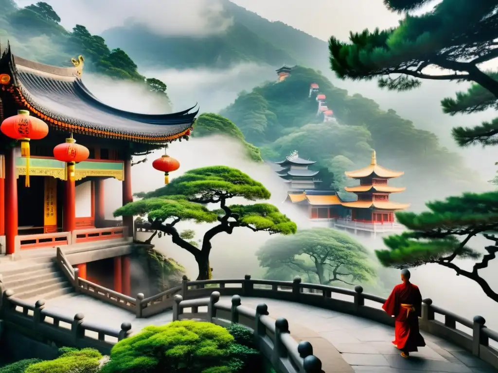 Un paisaje montañoso sereno y brumoso con un camino serpenteante que lleva a un tranquilo templo taoísta en medio de los árboles