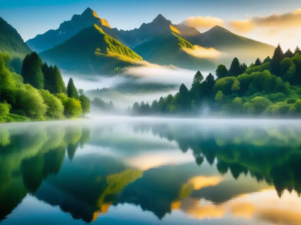 Un paisaje montañoso sereno y brumoso con un lago tranquilo en primer plano, rodeado de exuberante vegetación