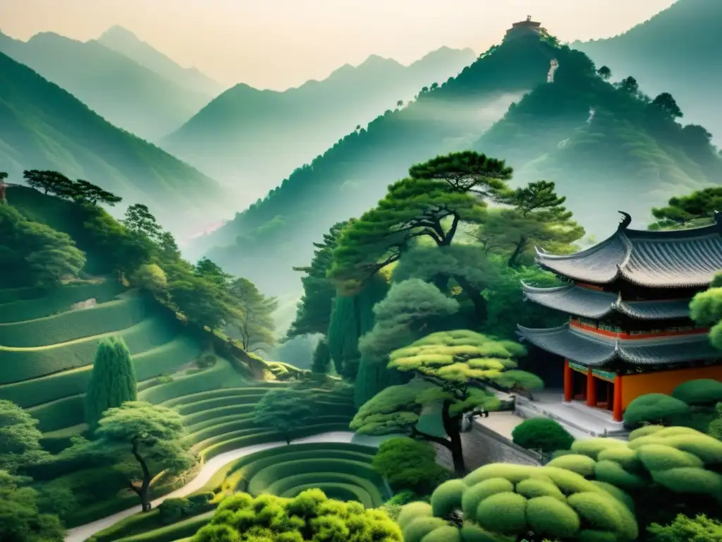 Un paisaje montañoso sereno, envuelto en niebla, con un templo taoísta y un practicante de tai chi