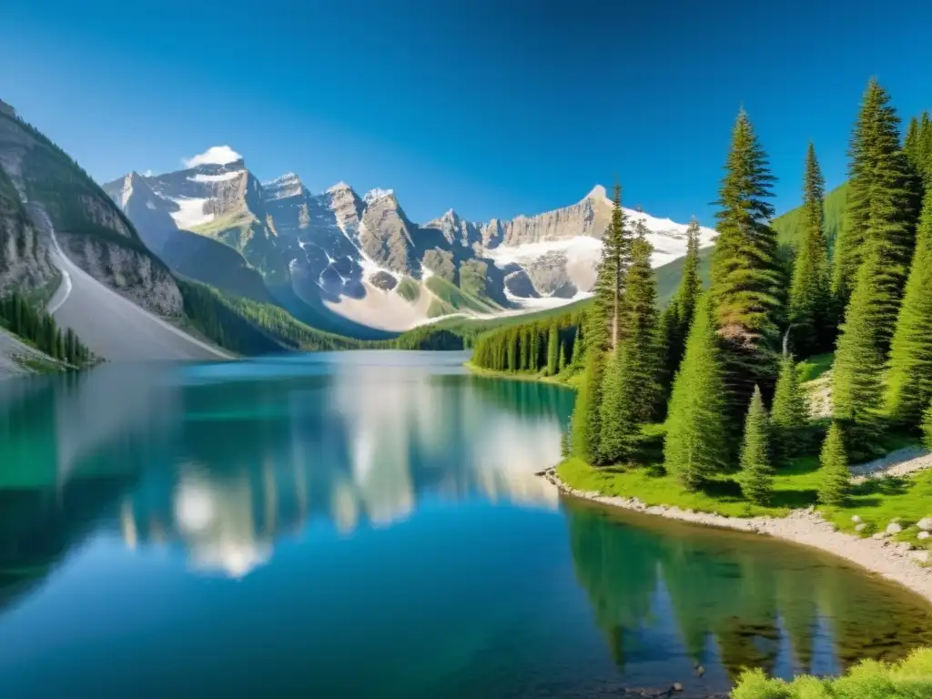 Paisaje montañoso sereno con lago, árboles verdes y cielo azul, reflejando la intersección filosofía budismo occidental