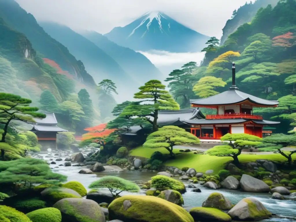 Un paisaje montañoso sereno y neblinoso con un templo japonés entre los árboles