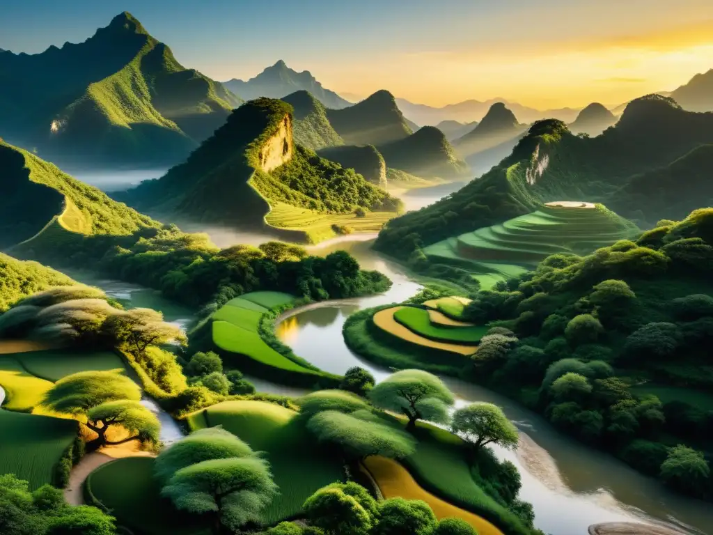 Un paisaje montañoso sereno con río serpenteante reflejando el atardecer dorado, rodeado de exuberante vegetación y árboles antiguos