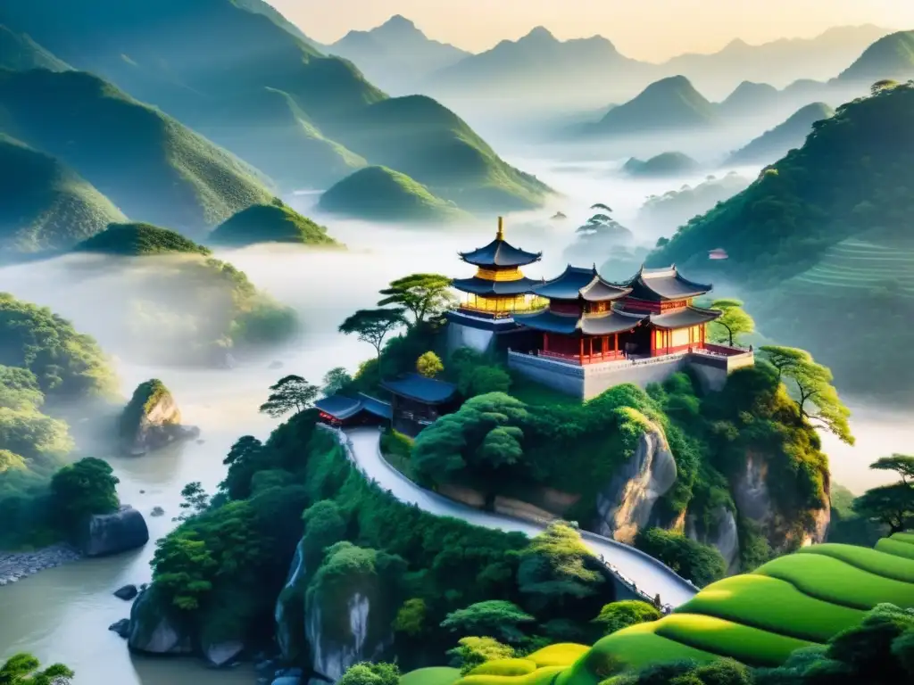 Un paisaje montañoso tranquilo con un templo taoísta y un meditador, donde las historias taoístas revelan sabiduría