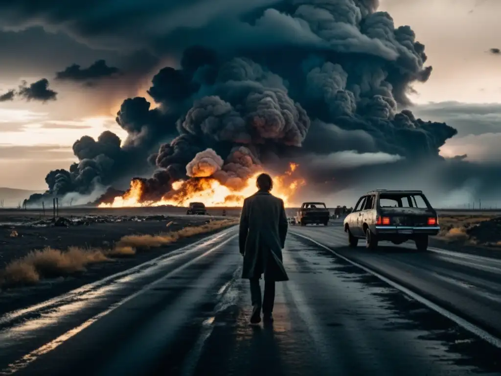 Un paisaje postapocalíptico desolado con una figura solitaria caminando en una carretera desierta, rodeada de autos quemados y edificios en ruinas