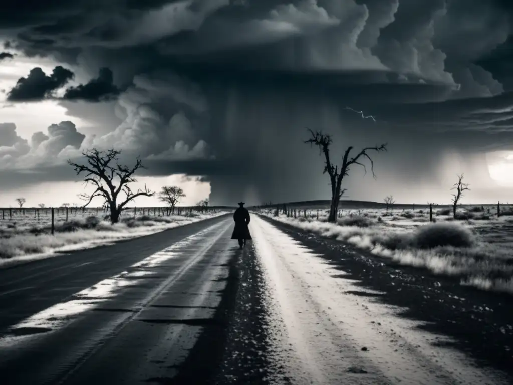 Un paisaje postapocalíptico desolado con una figura solitaria en la distancia