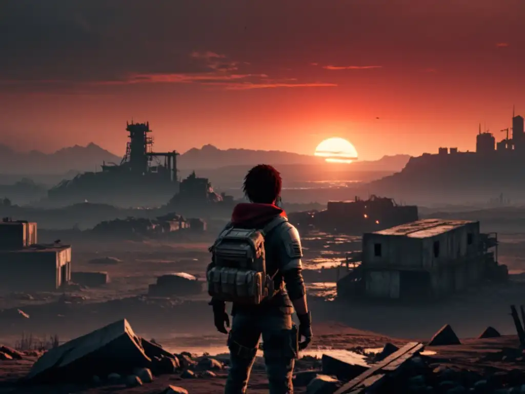 Solitario ante el atardecer postapocalíptico En un paisaje postapocalíptico, un personaje de videojuego contempla un atardecer, evocando reflexión existencial