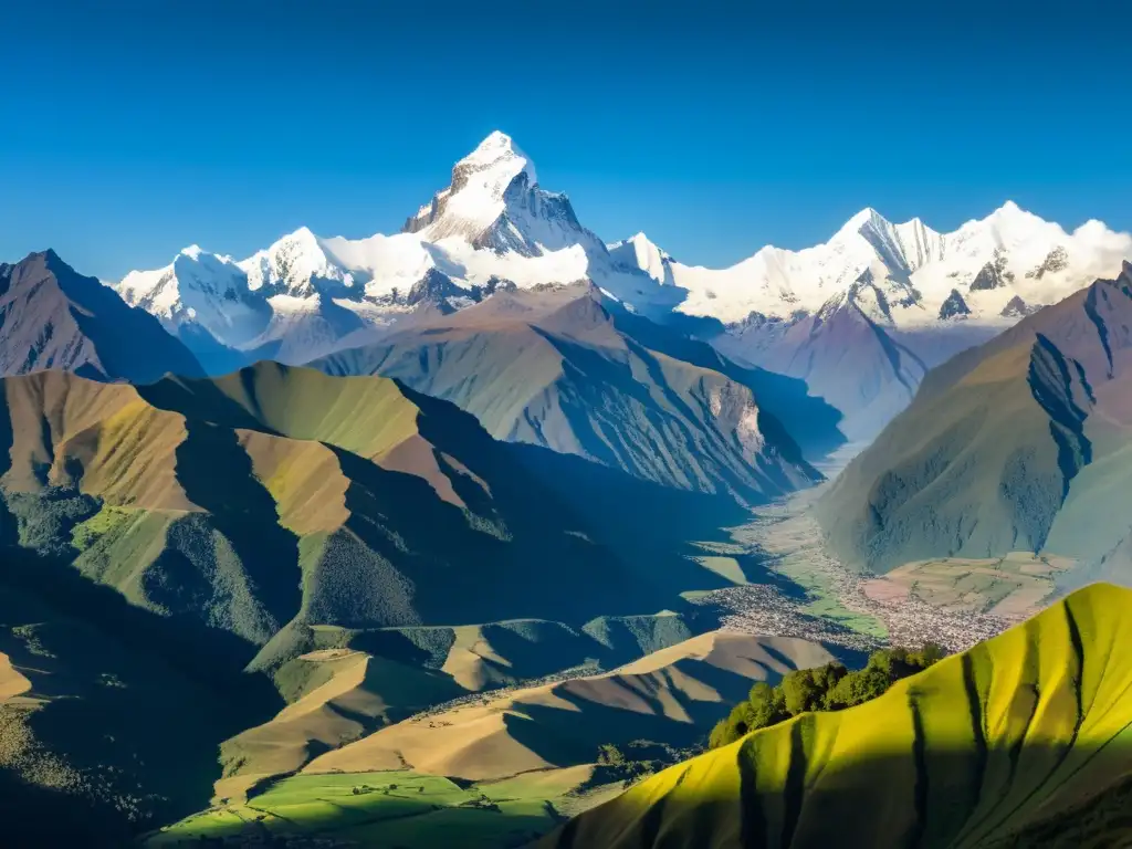 Un paisaje sagrado de las majestuosas montañas andinas, con valles verdes y picos nevados, capturando su belleza espiritual