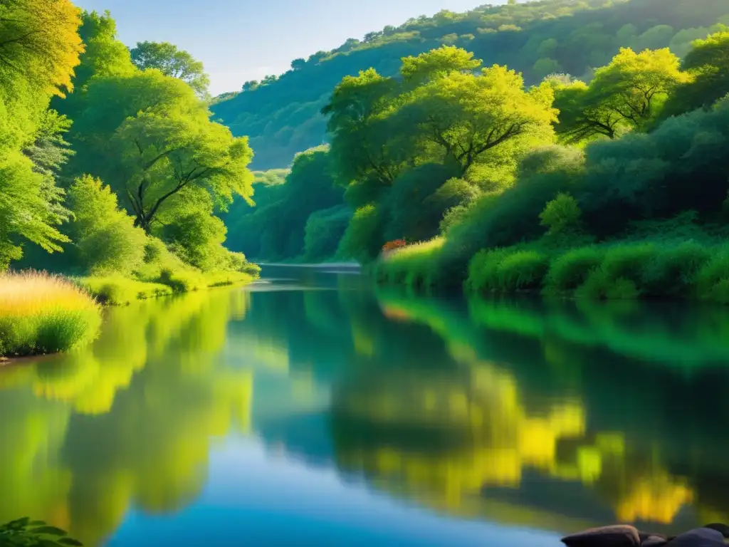 Un paisaje sereno bañado por la luz del atardecer, reflejando colores vibrantes en el agua calmada