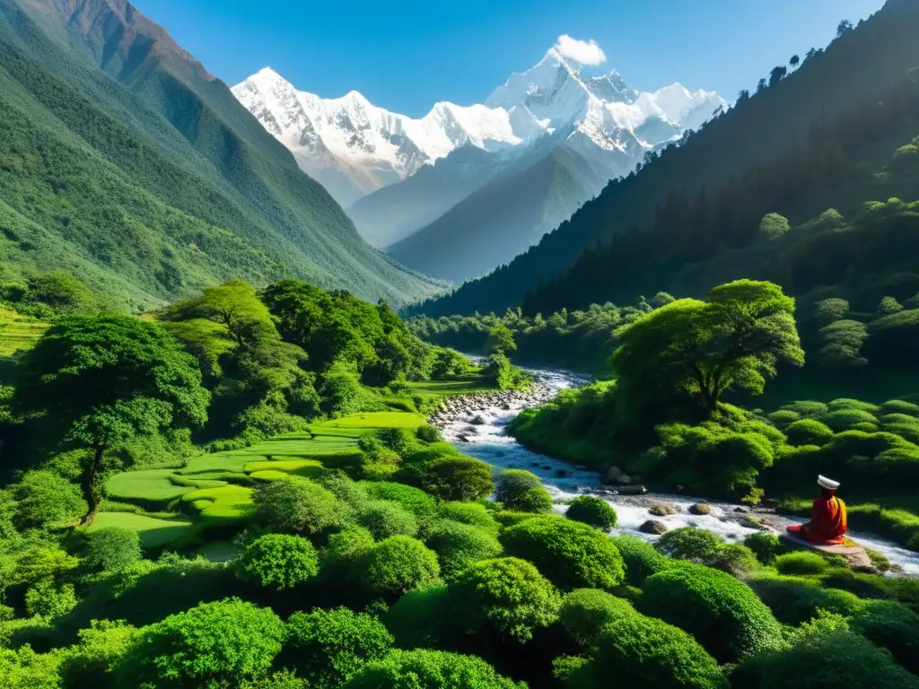 Un paisaje sereno de un exuberante bosque en el Himalaya, con picos nevados al fondo