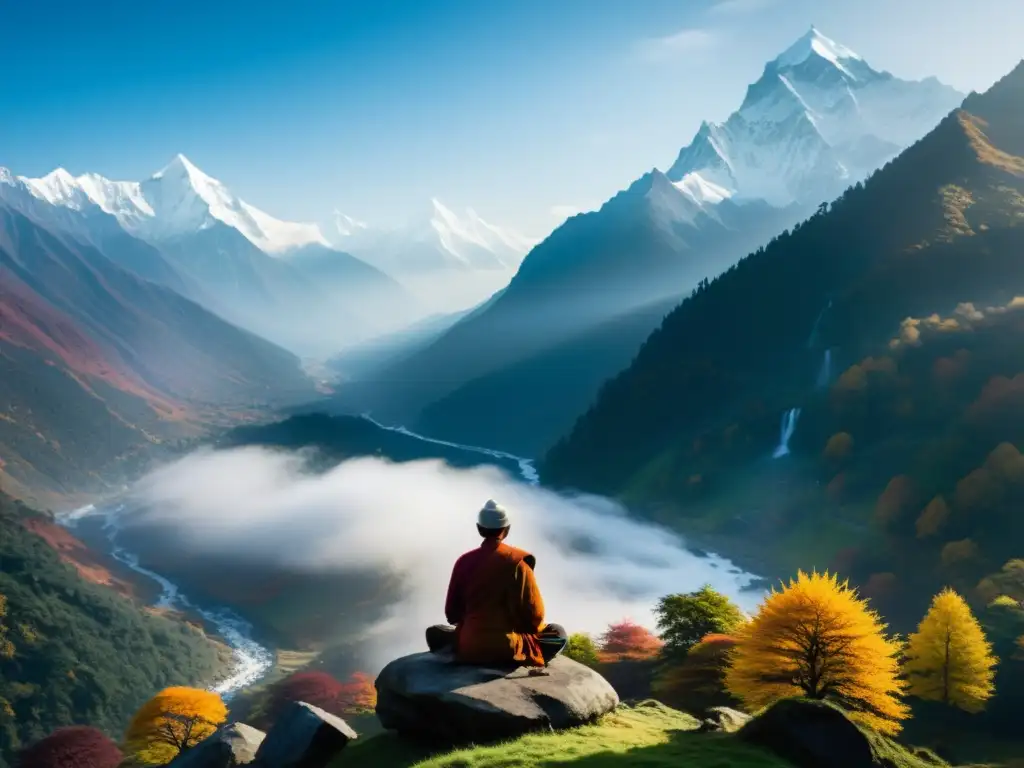 Un paisaje sereno del Himalaya con picos nevados, un meditador solitario y vibrante follaje otoñal