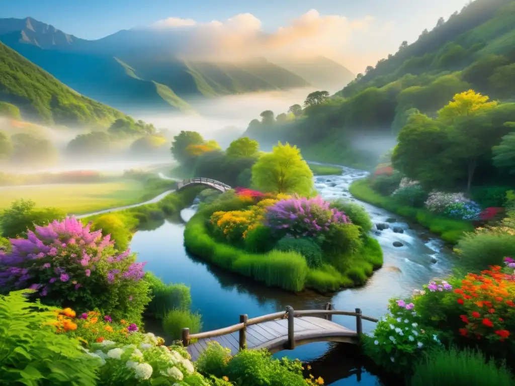 Un paisaje sereno de montaña con río, árboles verdes y flores coloridas