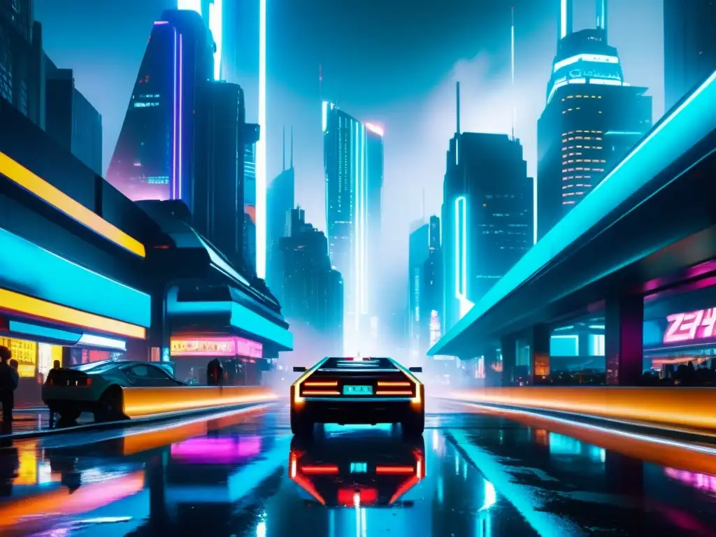Un paisaje urbano futurista y decadente, con rascacielos iluminados y autos voladores