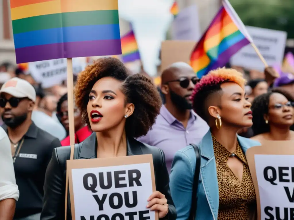 Manifestación con pancartas de la filosofía Queer y subversión corporeidad, mostrando diversidad y determinación