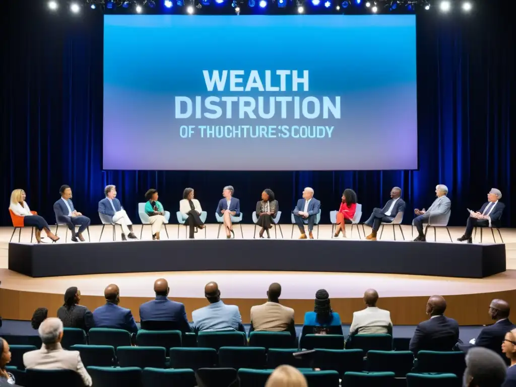 Un panel diverso debate la ética distributiva y dilemas de riqueza en un auditorio moderno, reflejando intensidad y esperanza