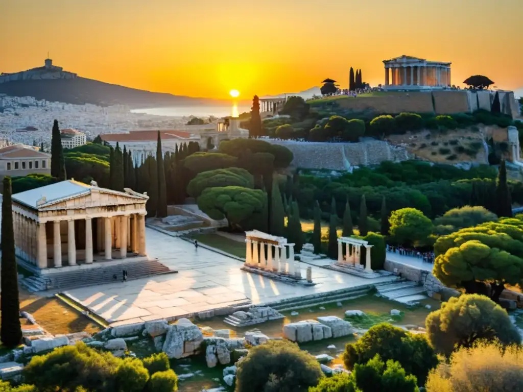 Panorámica de la antigua Ágora de Atenas con la imponente ruina de la Stoa de Átalo en primer plano y la majestuosa Acrópolis al fondo, bañadas por la luz dorada del atardecer