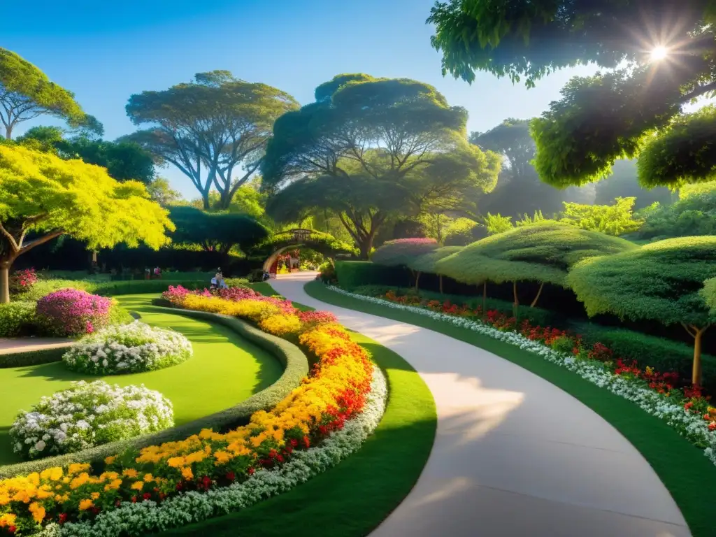 Panorámica de los apacibles Jardines de Epicuro, con exuberante vegetación, flores coloridas y senderos serpenteantes