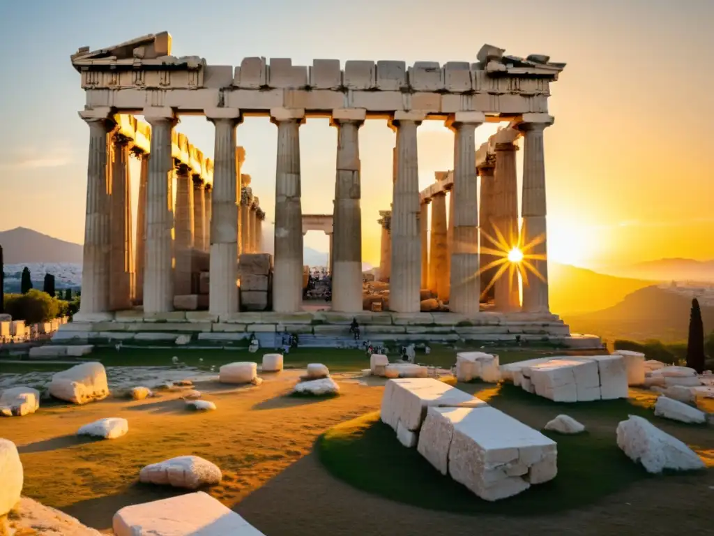 Panorámica del atardecer sobre el Partenón, con filósofos discutiendo, simbolizando la comparación filosofía griega pensamiento oriental