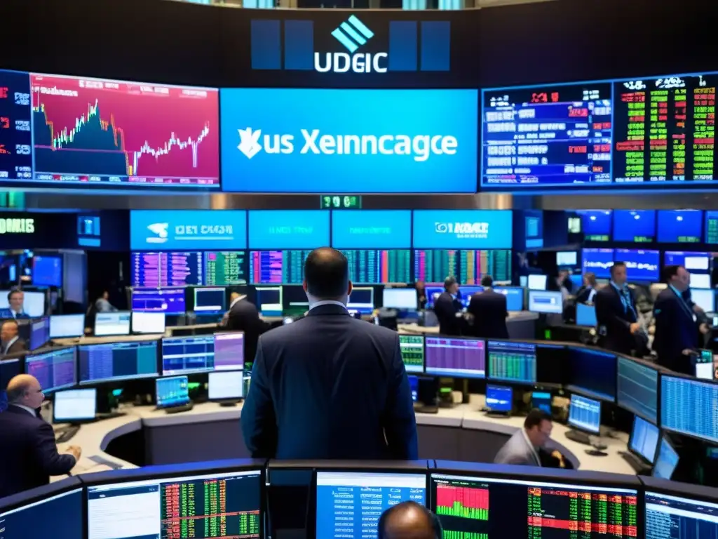 Panorámica bulliciosa de una bolsa de valores, con traders entre pantallas digitales